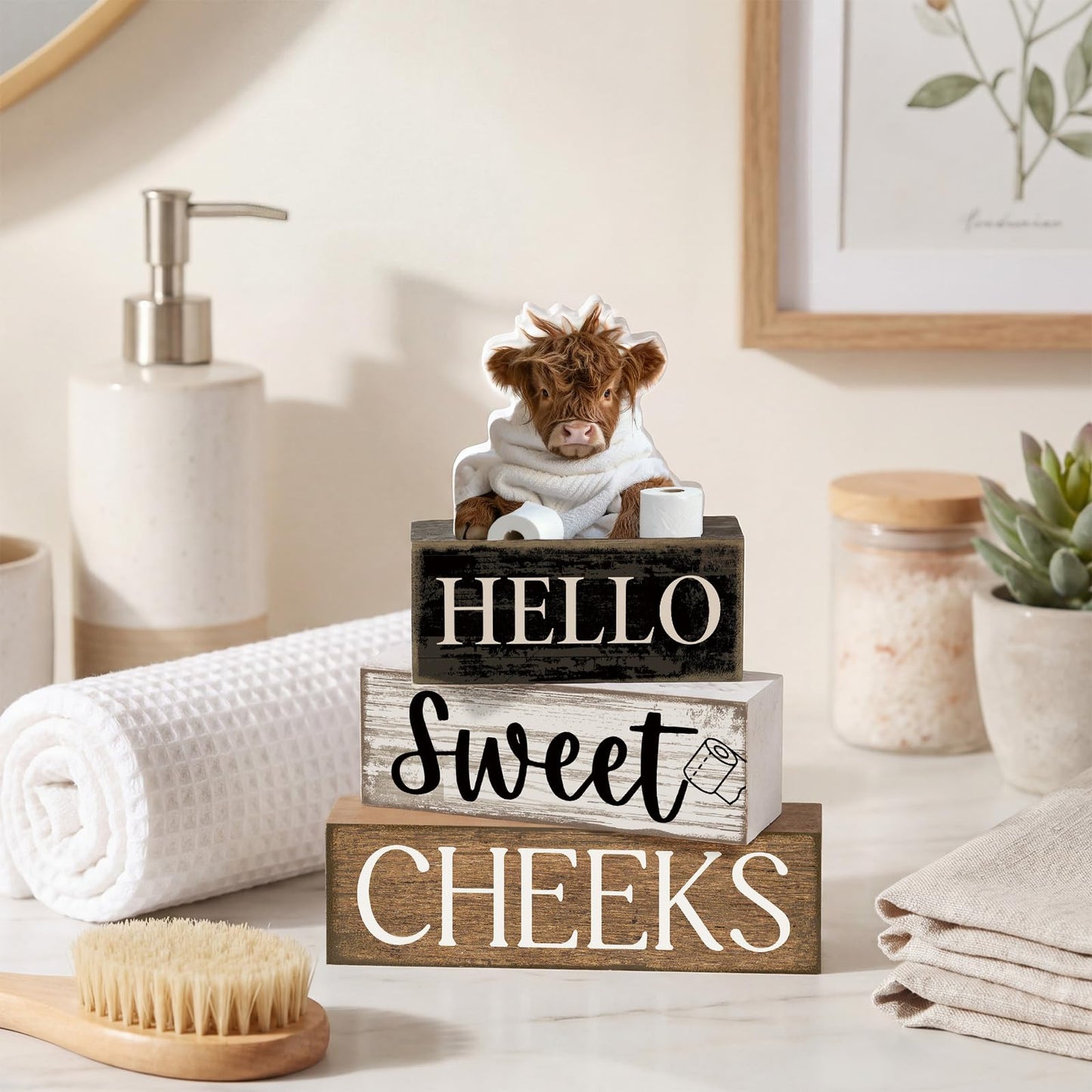 Moucuny 4 Pcs Bathroom Shelf Decor Highland Cow Farmhouse Bathroom Decor and Accessories Rustic Eucalyptus Leaves Hello Sweet Cheeks Highland Cow Sign Western Table Centerpiece for Home Office Toilet