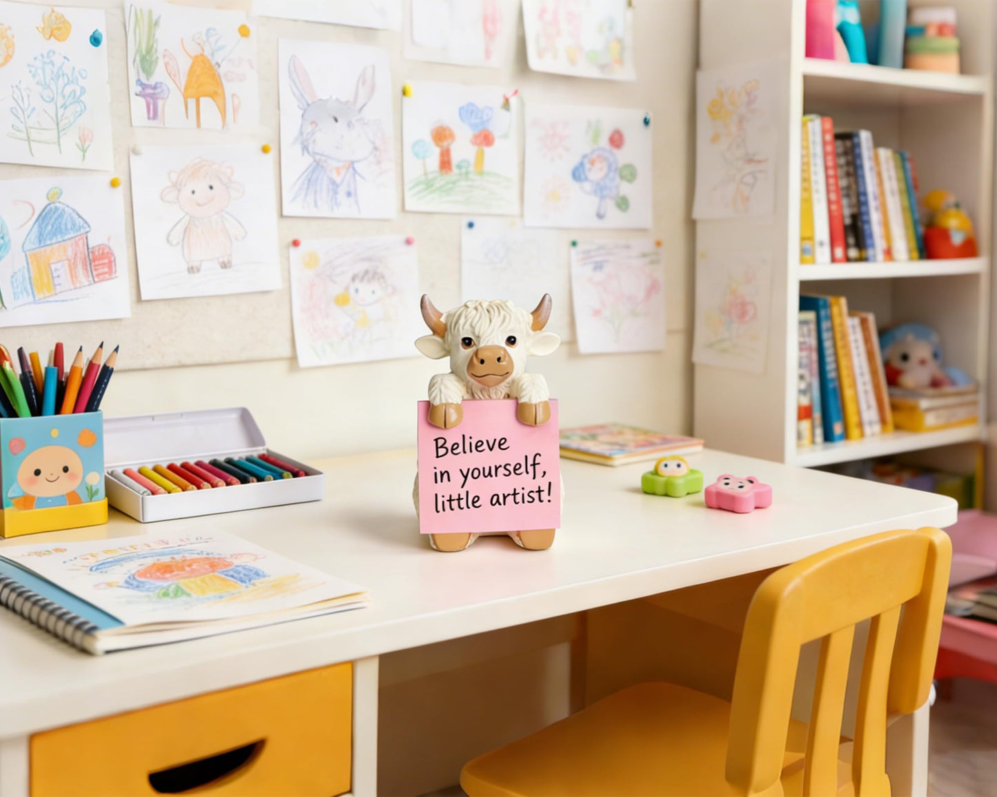 HORTIX Highland Cow Pop-up Sticky Note Dispenser, Includes 1 Pad of 3x3 in Super Sticky Notes, 100 Sheets, Resin Cute Handmade Desk Holder for Office & Home-Beige