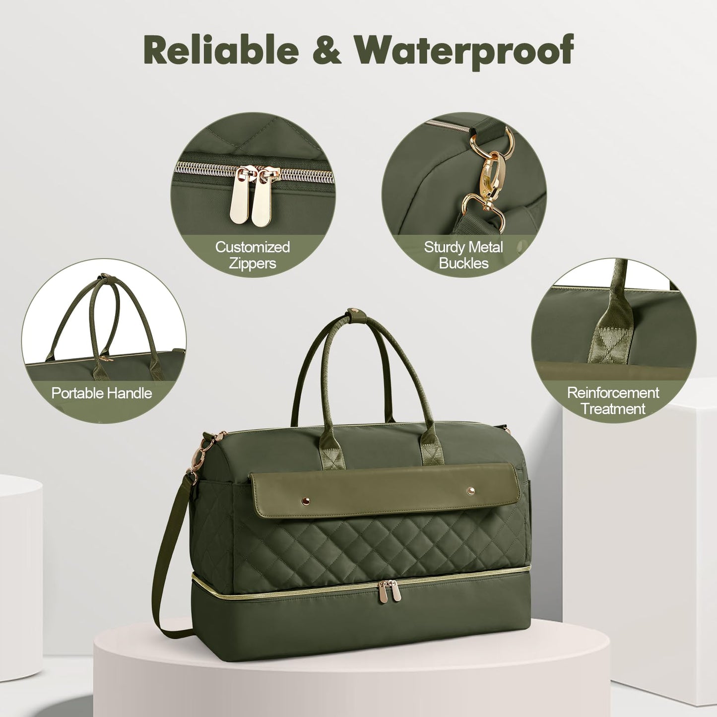 Wedama Travel Duffel Bag, Large Weekender Bag for Women with Shoe Compartment, Carry on Overnight with Toiletry Makeup Bag for Travel Gym Camping Hospital, Green