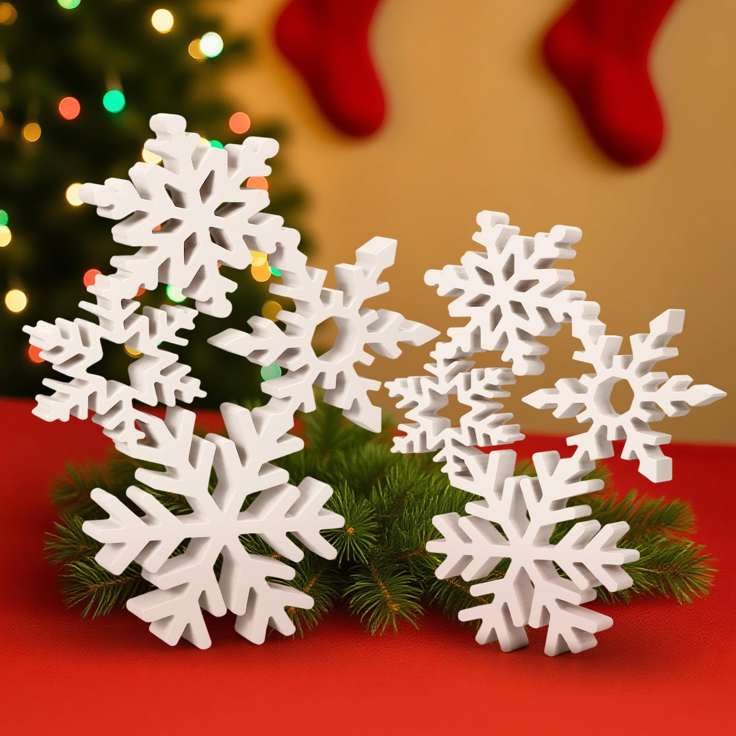 Thyle 2 Sets Christmas Wooden Snowflake Decorations 12.2 Inches 9.5 Inches 3D Winter White Snowflake Tabletop Sign Wonderland Wood Blocks for Xmas Centerpiece Farmhouse Rustic Home Decor