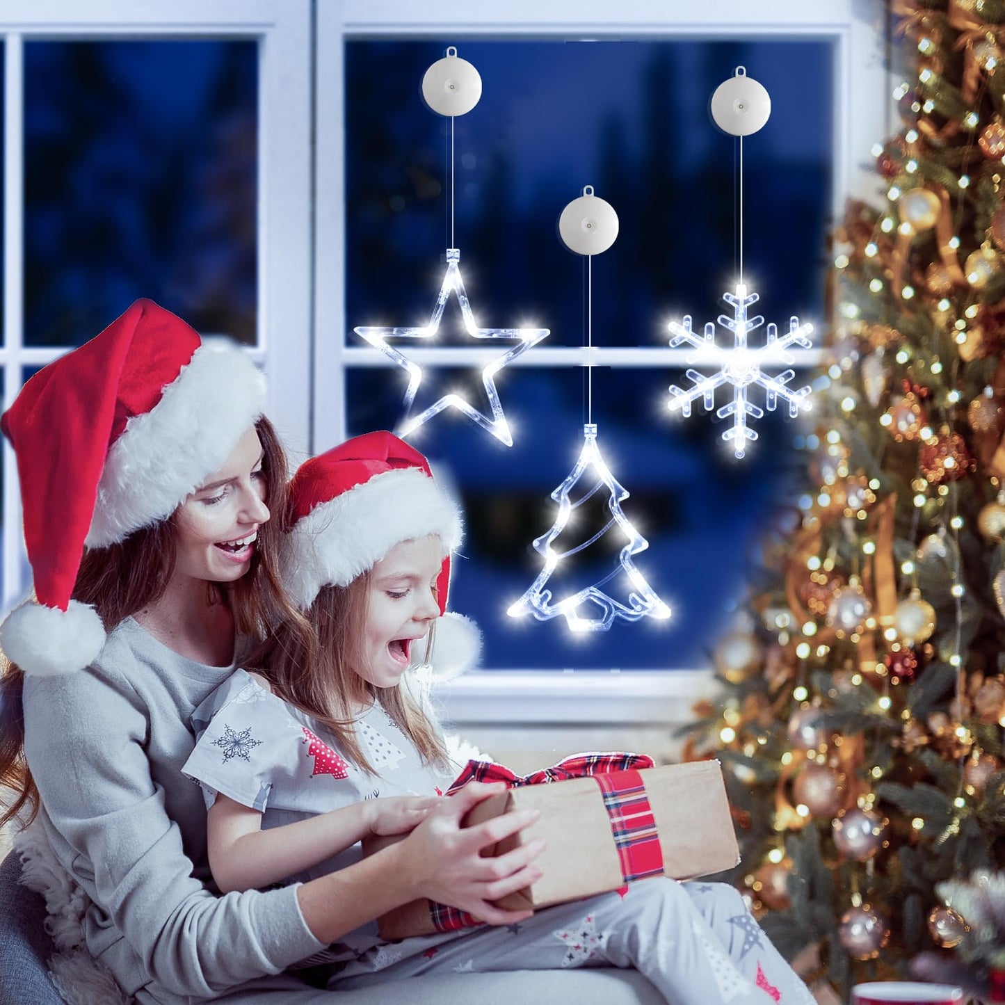 LYUBASA 3Pack Christmas Window Lights Decorations with Timer, Battery Powered Hanging White Lighted Snowflake Tree Star Shaped LED Sucker for Xmas Tree Fireplace Indoor Decor