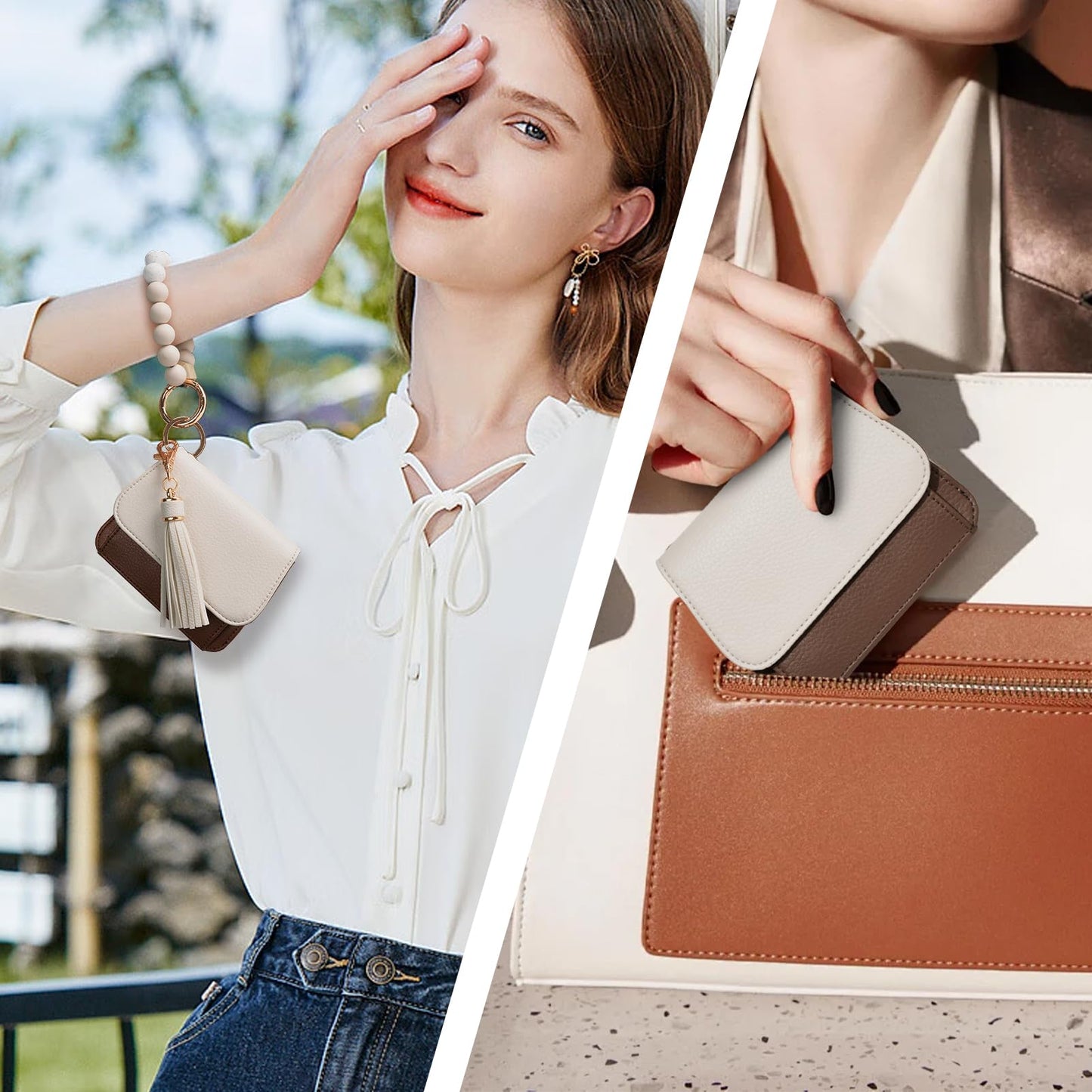 Sunpour Keychain Wallet RFID Wristlet Wallets for Women,Small Wallets Woman Key Chain Wallet with Coin Pocket and Id Window (Beige＆Brown)