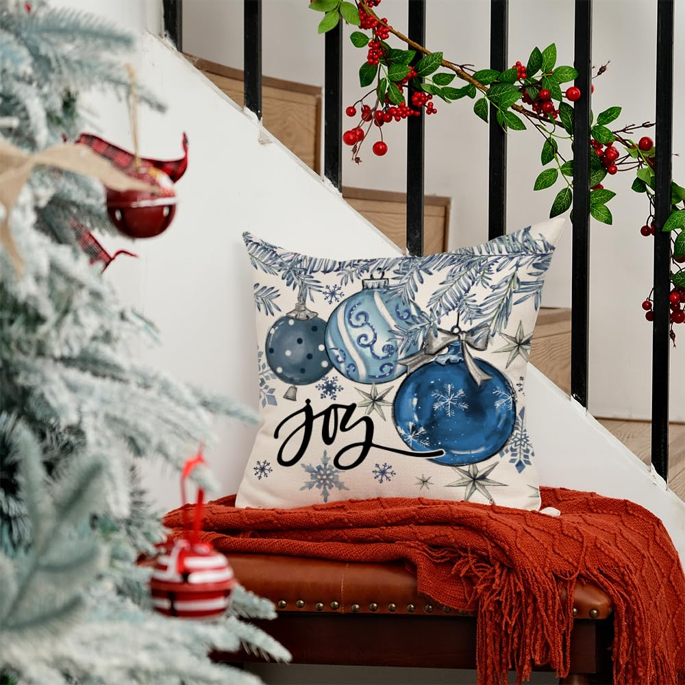 AACORS Christmas Pillow Cover 20X20 Inch Baubles Christmas Tree Stars Joy Decoration Holiday Farmhouse Winter Pillow Case for Sofa Couch Decor（Blue） AA614-20