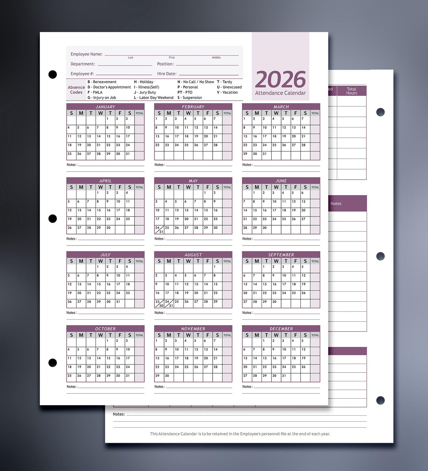 Attendance Calendar Employee Card Attendance Record Tracker 2026, Heavy 100lb Cardstock Paper 8.5 x 11 inches (Purple, Pack of 25 Sheets)