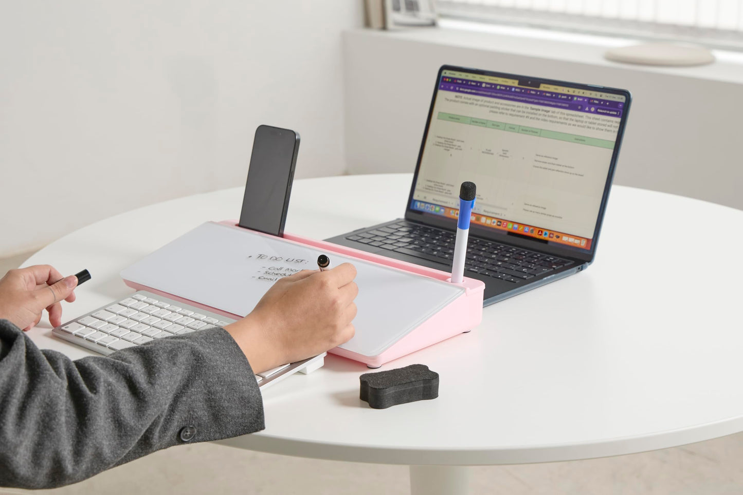GAROOD Desktop Dry Erase Board with Storage (Pink Base) Desk White Board Desk Board Glass Desktop White Board with Stand Home Office Organizer Phone Holder 15.8X7X2 inches