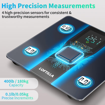 LOFTILLA Smart Scale for Body Weight, Accurate Scale with BMI Body Fat Muscle Mass, 8-in-1 Large Display, Digital Bathroom Scales for 14 Body Composition Metrics, Sync with Fitness App, Black