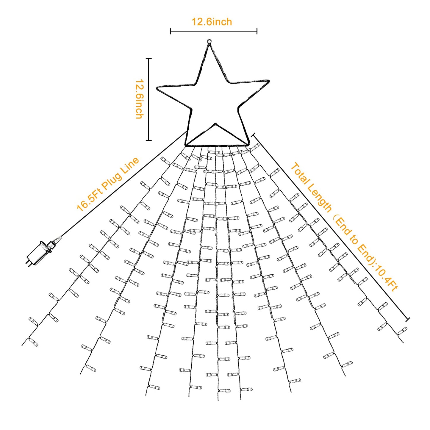 MINIAO Christmas Star String Lights, 320 LED Waterfall Tree Lights with 13" Topper Star 8 Lighting Modes Indoor Outdoor Halloween Decorations for Holiday, Wedding, Party (Warn White)