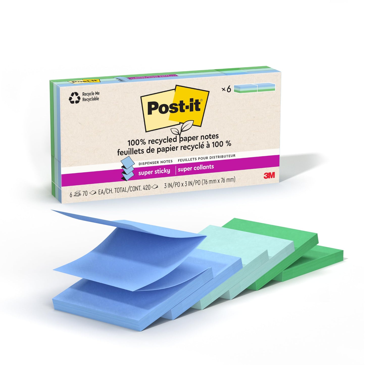 Post-it Super Sticky 100% Recycled Pop-up Notes, 3 in. x 3 in., 70 Sheets, 6 Pads, Oasis Collection, School Supplies and Office Products
