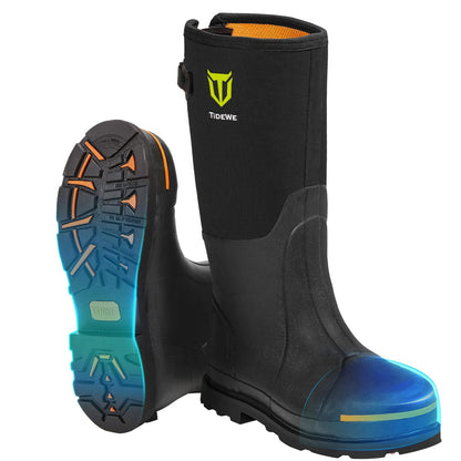TIDEWE Rubber Work Boot for Men with Steel Toe & Shank, Waterproof Anti Slip Hunting Boot, 6mm Neoprene Hunting Boot for Manufacturing, Construction, Farming, Black, Size 12