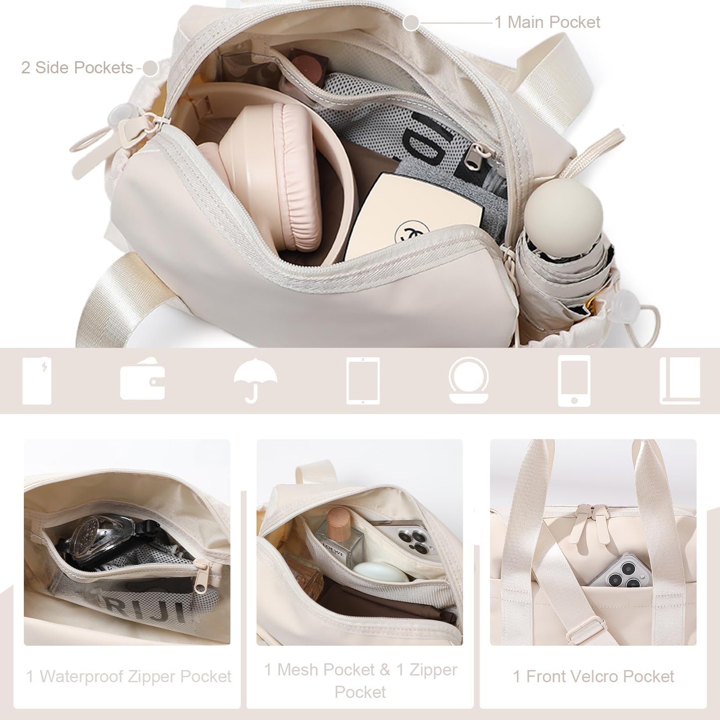 Bucosd Small Gym Bag for Women, Mini Crossbody Gym Duffle Bag with Wet Compartment, Carry on Gym Tote Bag for Workout Dance Sport Travel (Mini-Beige)