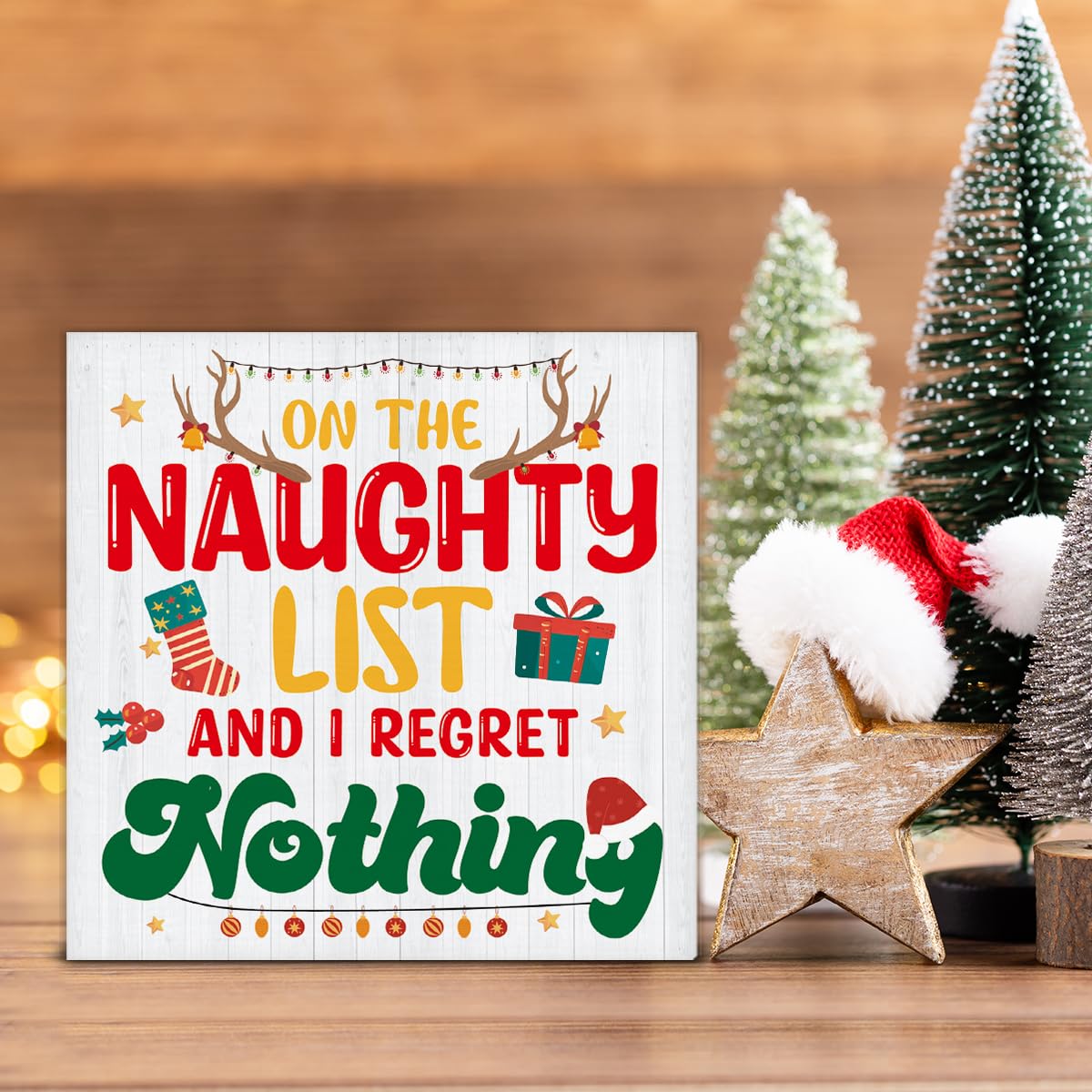 Funny Christmas Decor, Christmas Farmhouse Art Home Decorations, Plaque on the Naughty List and I Regret Nothing Black Wooden Sign Rustic Home Shelf Desk Decor 5 x 5 Inches