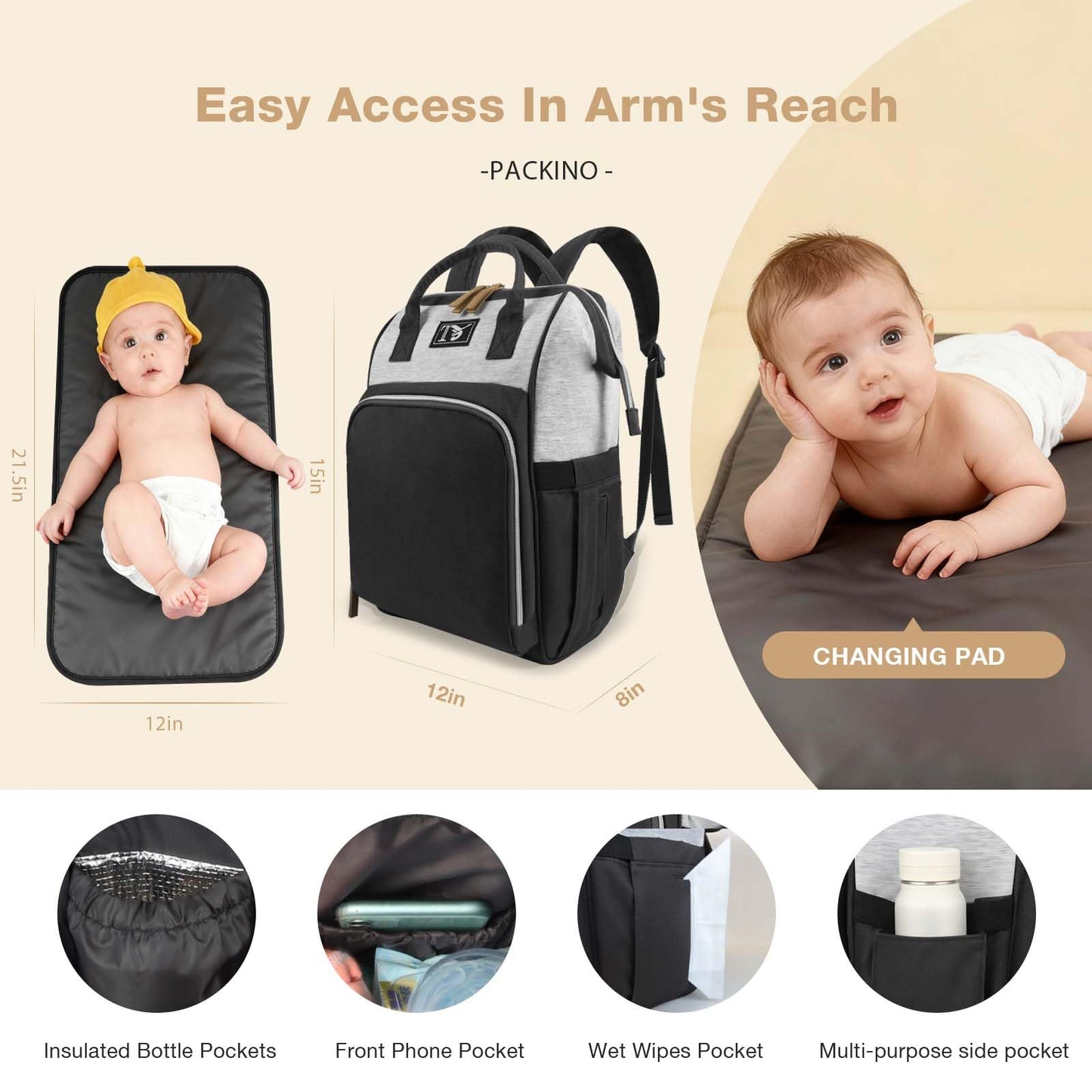 Packino Diaper Bag Backpack for Women - Multifunction Travel Essentials Baby Diaper Bag with Changing Pad, Large Backpack Baby Girl Boy, Insulated Bottle Holders & Stroller Straps (Black+Gray)