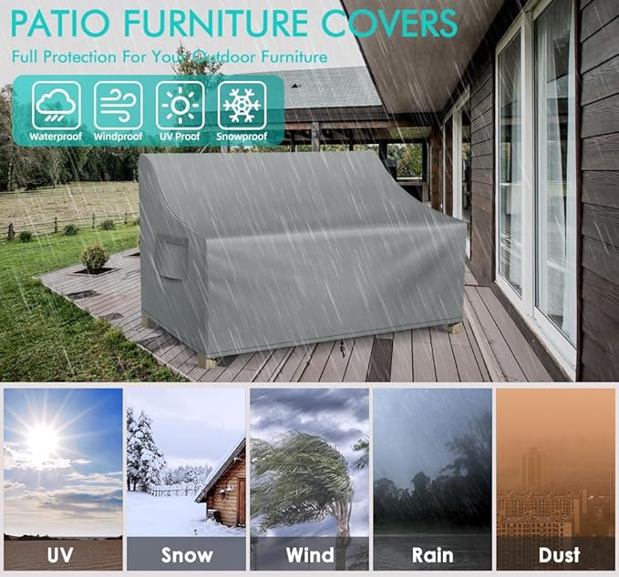 WLEAFJ Patio Sofa Cover Waterproof, 2-Seater Patio Loveseat Cover, Heavy Duty Outdoor Couch Cover, Outdoor Furniture Covers with Air Vent, 60’’ W x 34’’ D x 30’’ H, Grey