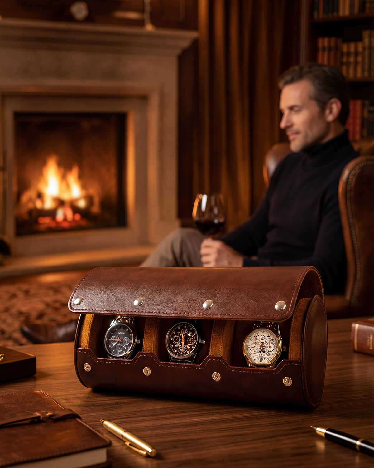 MR.OKAY 3 Watch Travel Case- Classic Leather Watch Case With Superb Texture.Portable Watch Roll Or Organizer For Storage And Display. Men's Great Gift For Traveling, 100% Handmade by Artisans.