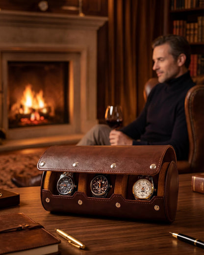 MR.OKAY 3 Watch Travel Case- Classic Leather Watch Case With Superb Texture.Portable Watch Roll Or Organizer For Storage And Display. Men's Great Gift For Traveling, 100% Handmade by Artisans.