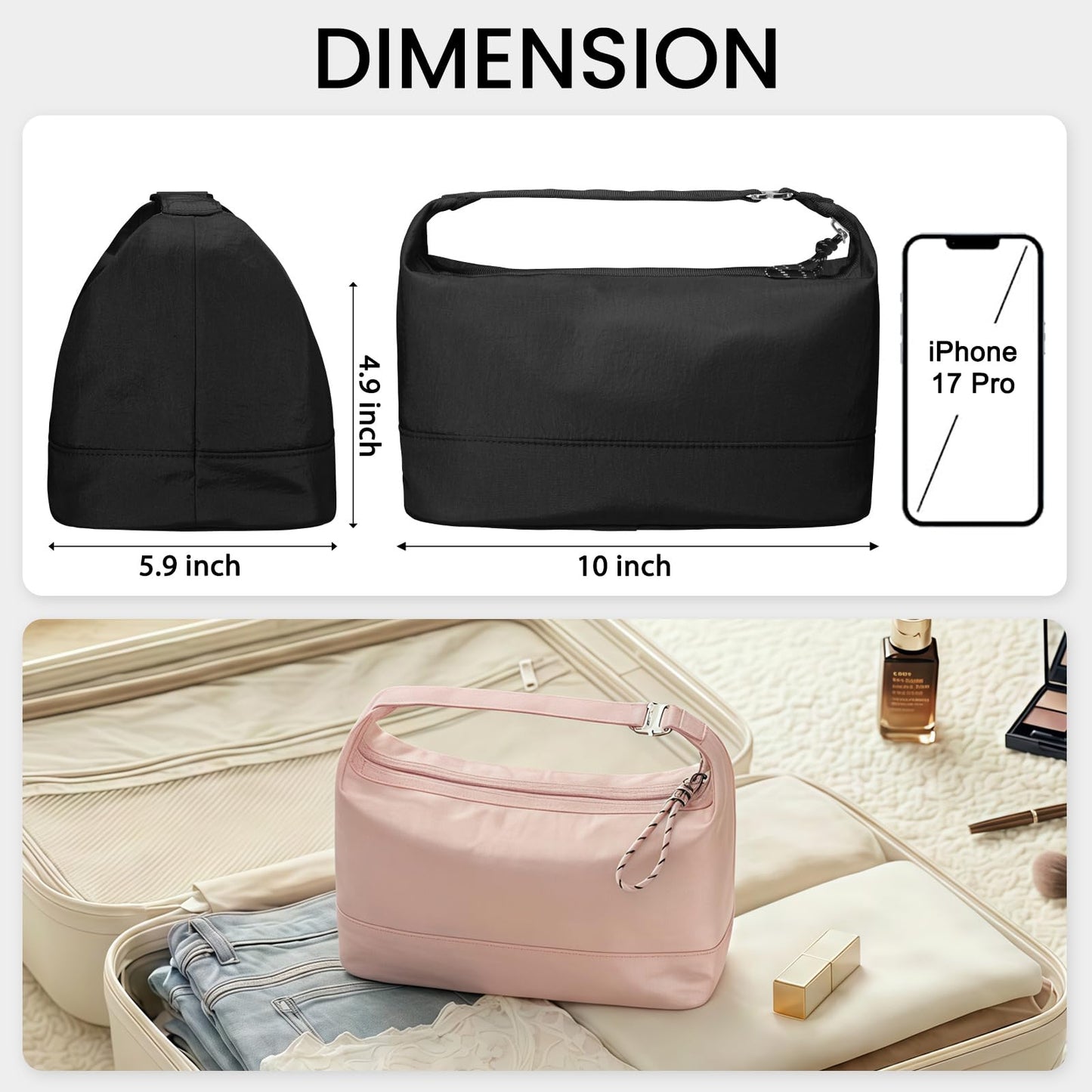 HauteHues Travel Makeup Bag for Women Large Capacity Cosmetic Handheld Portable Organizer Large Opening Waterproof Storage Toiletry Bags Black