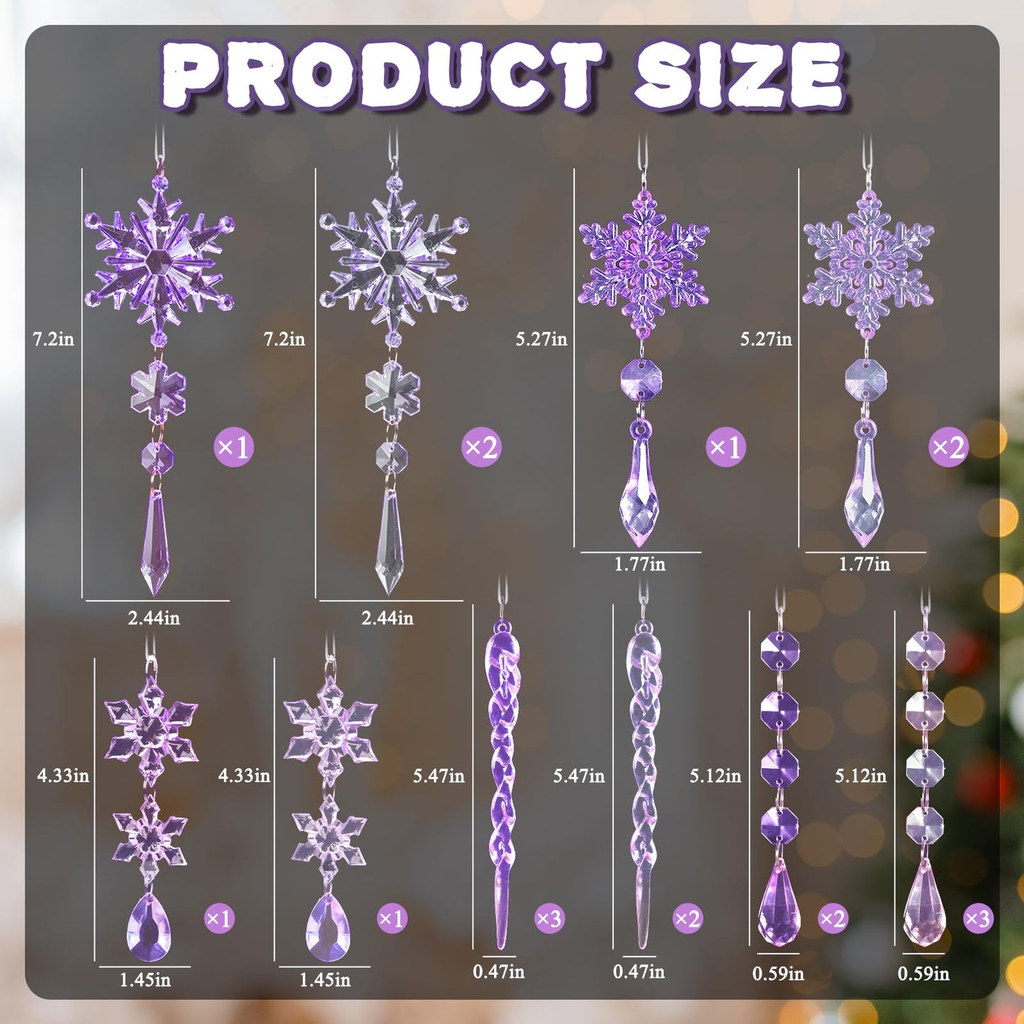 18pcs Crystal Christmas Ornaments for Christmas Tree Decorations-Dark Purple and Light Purple Hanging Acrylic Snowflake and Icicle Ornaments with Drop Pendants for New Year Party Decorations Supplies