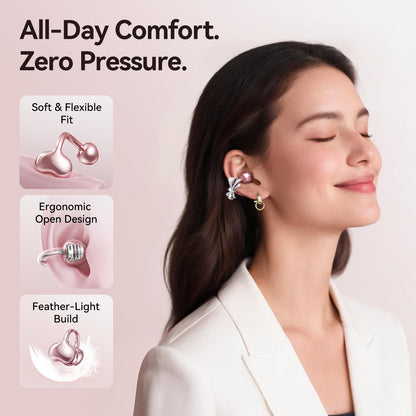 Kinglucky Jewelry-Inspired Clip-On Earbuds with Bow Earrings, Comfortable Fit & 50H Playtime Open Ear Bluetooth 5.4 Wireless Headphones for Women, Small Ears, Sports & Workouts (Pink)