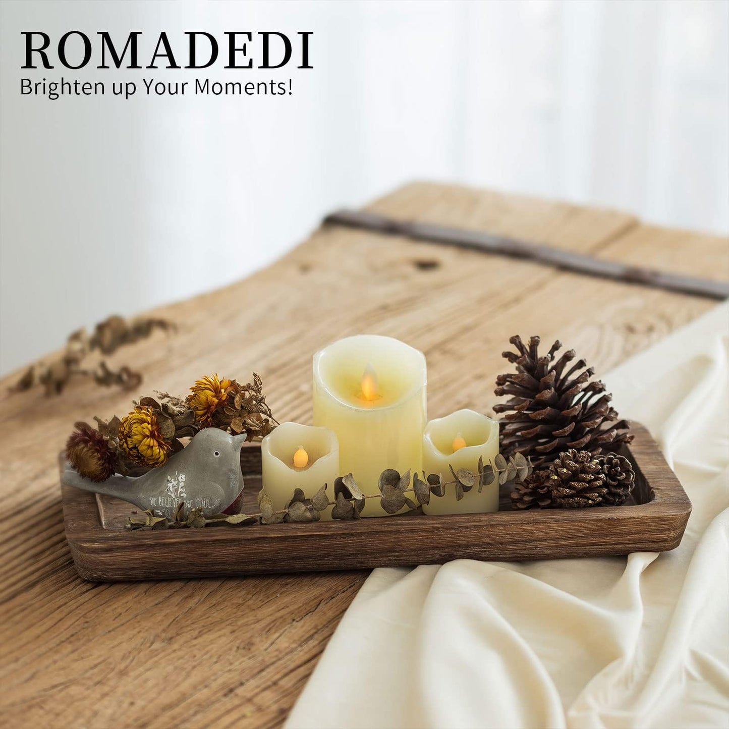 Romadedi Wooden Decorative Tray Candle Holder - Wood Long Narrow Tray Home Decor Small Rustic Centerpieces Trays for Coffee Table Dining Room Kitchen
