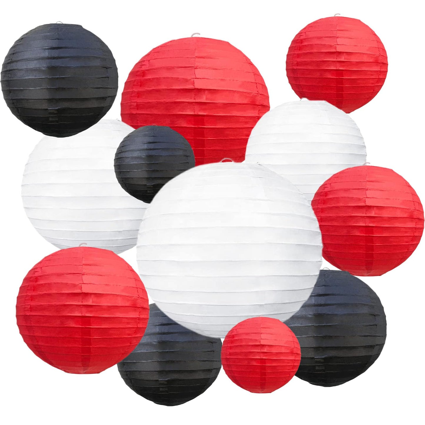 20Pcs Red Black White Paper Lanterns for Parties, 6” 8” 10” 12” Chinese Asian Hanging Round Paper Lanterns for Birthday Wedding Halloween Christmas Home Decor Party Decor