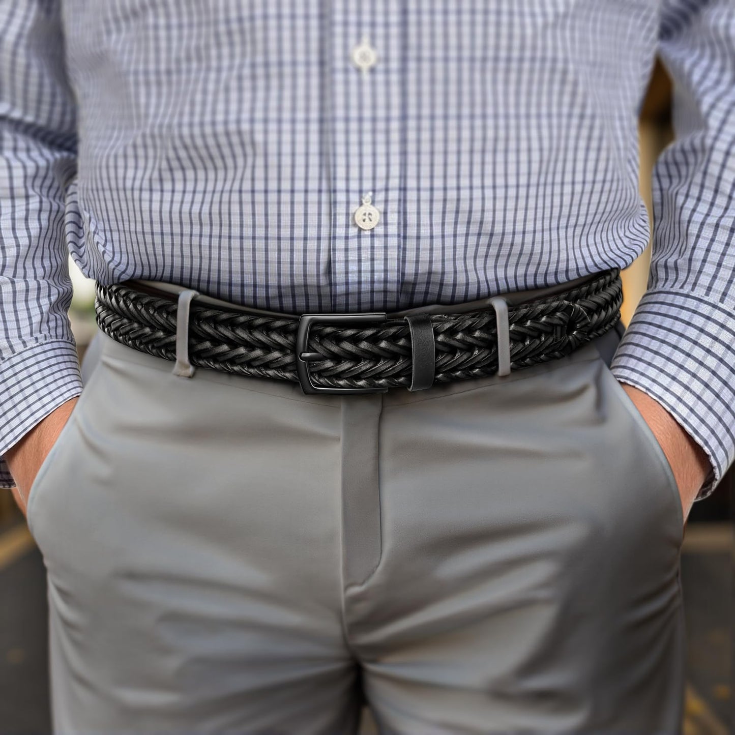 KEMISANT Men Belt, Braided Belt Comfortable For Men Casual Jean Golf 1 3/8"(Black,32"-36" Waist Adjustable)