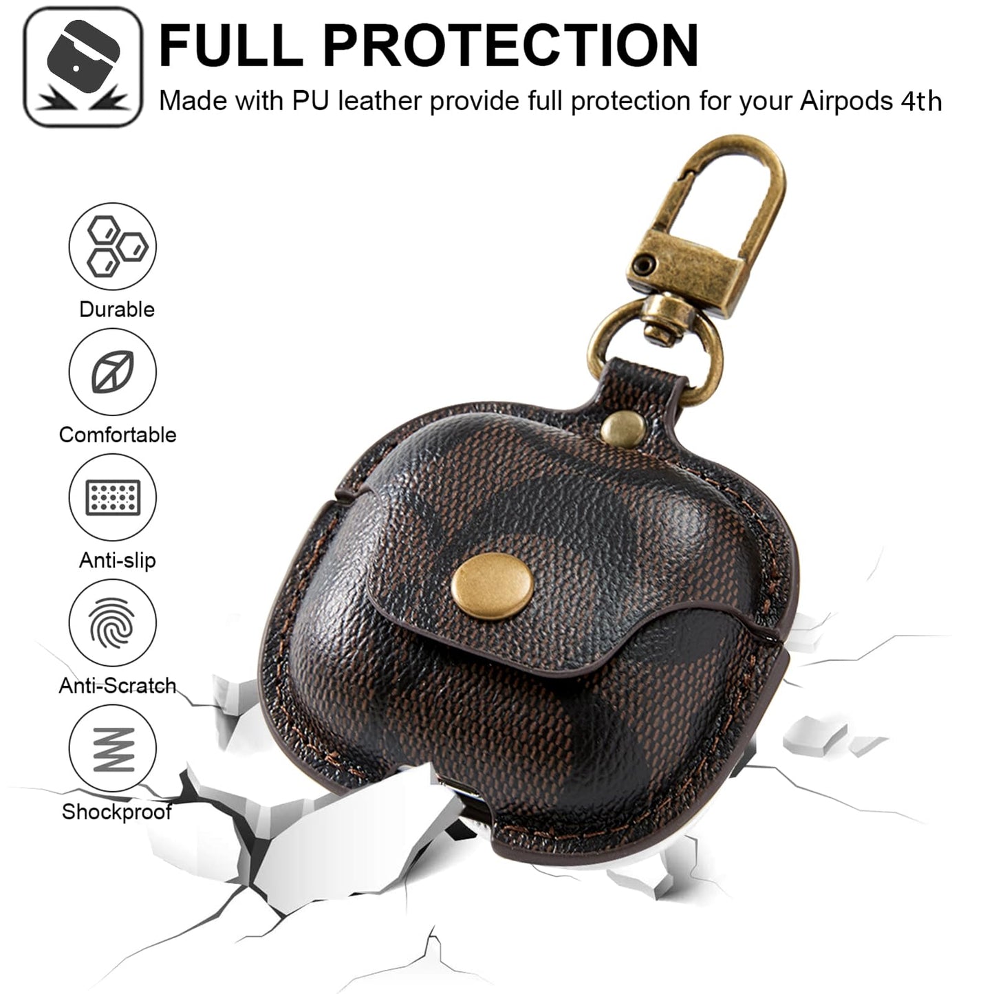 for AirPods 4 Case Cover 2024, Leather Full-Body Protective Case for AirPods 4th Generation Wireless Charging Case for Women Men with Keychain-Coffee