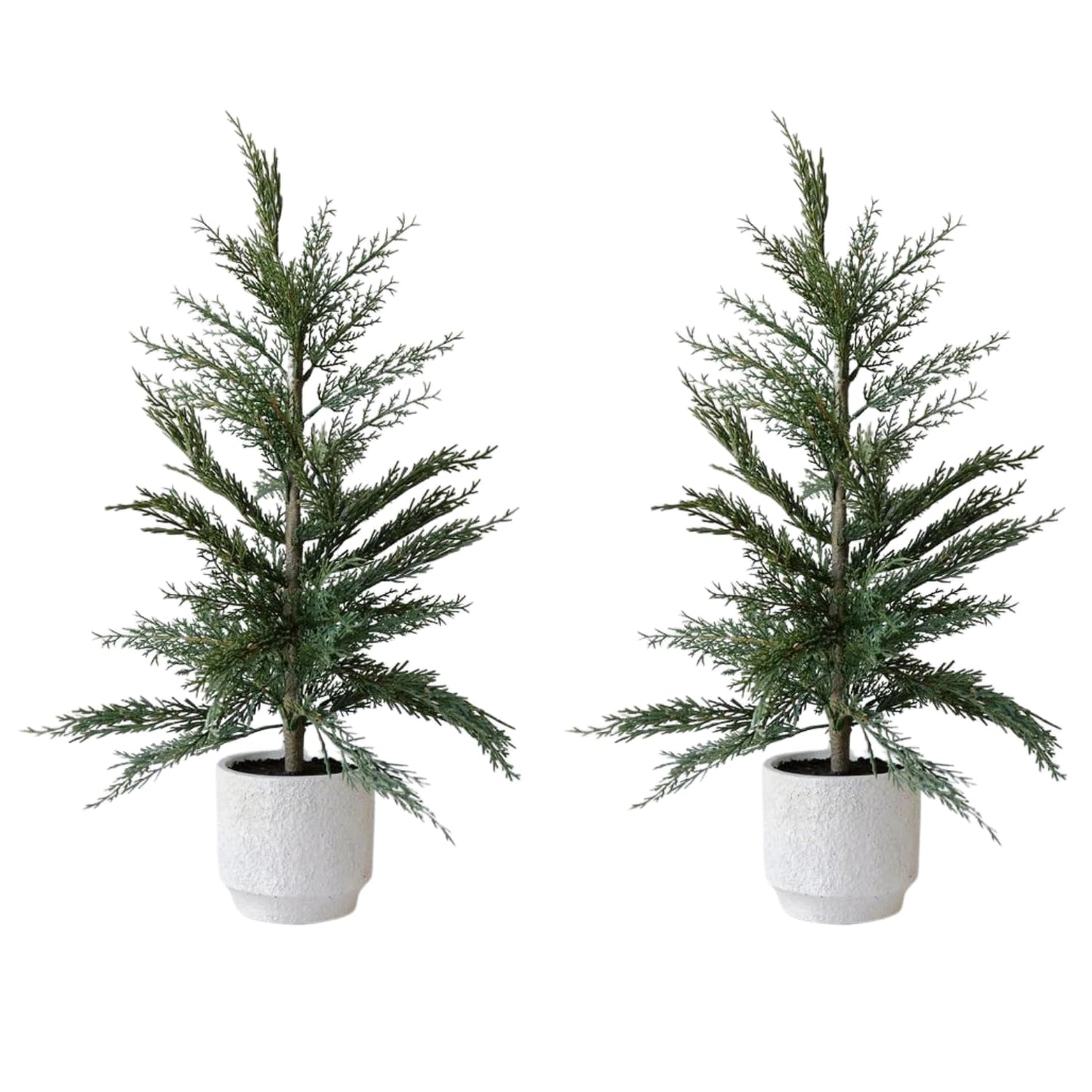 CG Hunter Holiday Collection, Set-of-2 Faux Evergreen Cedar Trees, Premium Artificial Indoor & Outdoor Cedar Tree Stands 24" Tall in Creme Pot–Perfect Christmas Decoration