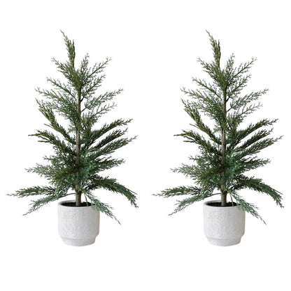 CG Hunter Holiday Collection, Set-of-2 Faux Evergreen Cedar Trees, Premium Artificial Indoor & Outdoor Cedar Tree Stands 24" Tall in Creme Pot–Perfect Christmas Decoration