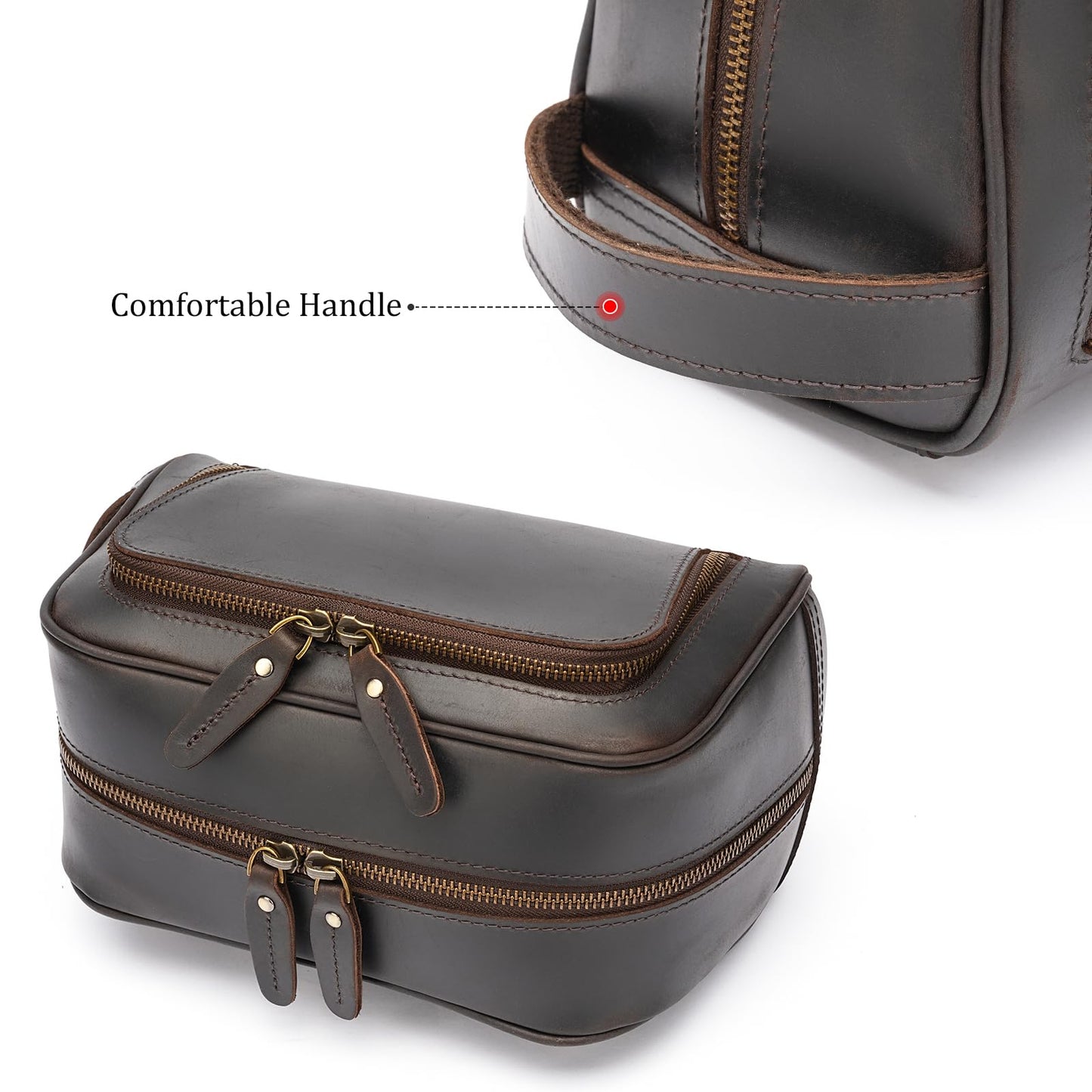 Polare Vintage Full Grain Leather Handmade Travel Toiletry Bag for Men - Dopp Kit - Shaving Kit with YKK Metal Zippers A-Dark Brown
