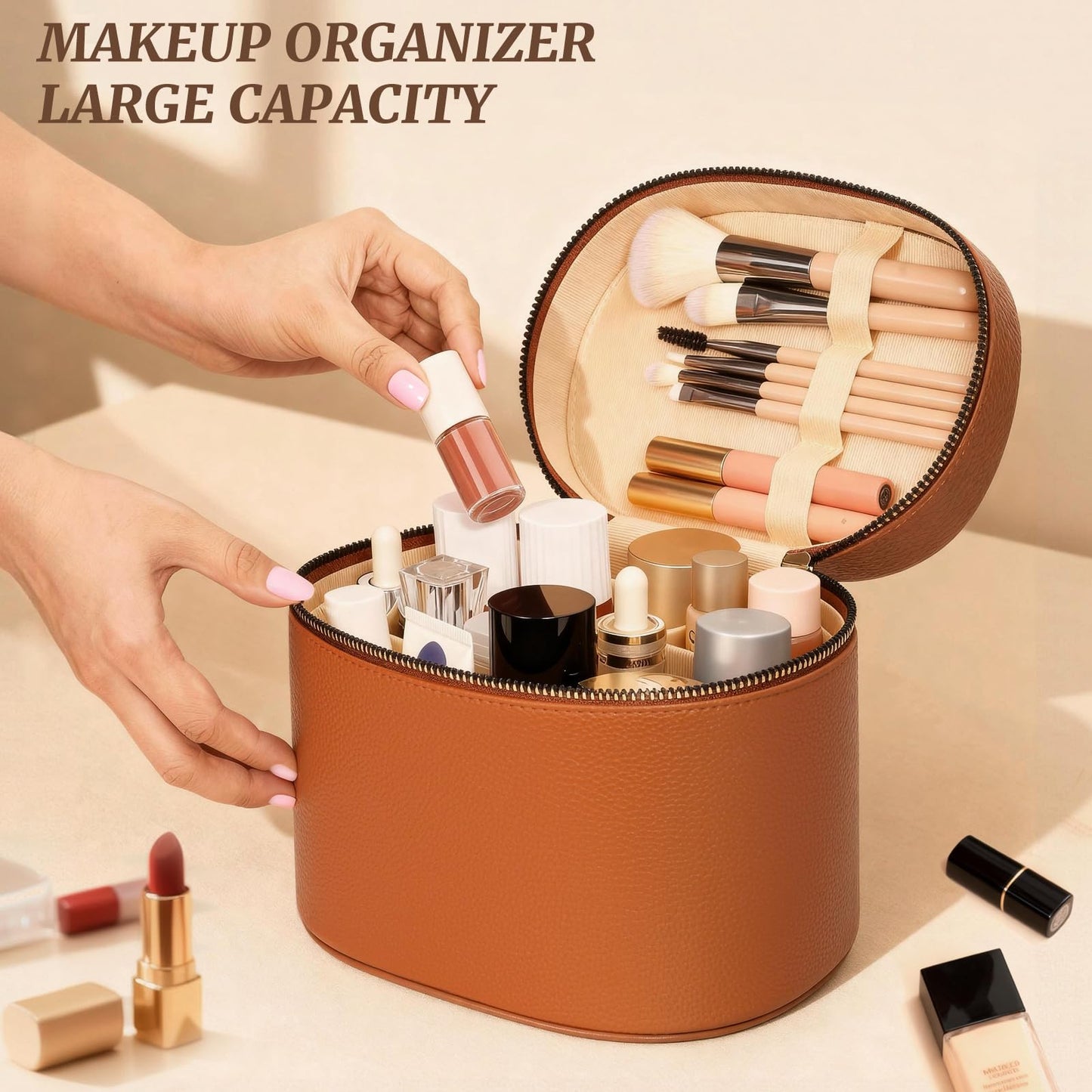 MaqSacion Makeup Bag Vanity Case for Women Leather Cosmetic Bag Makeup Organizer Case Portable Travel Toiletry Bag With Removable Compartments and Handle - Brown