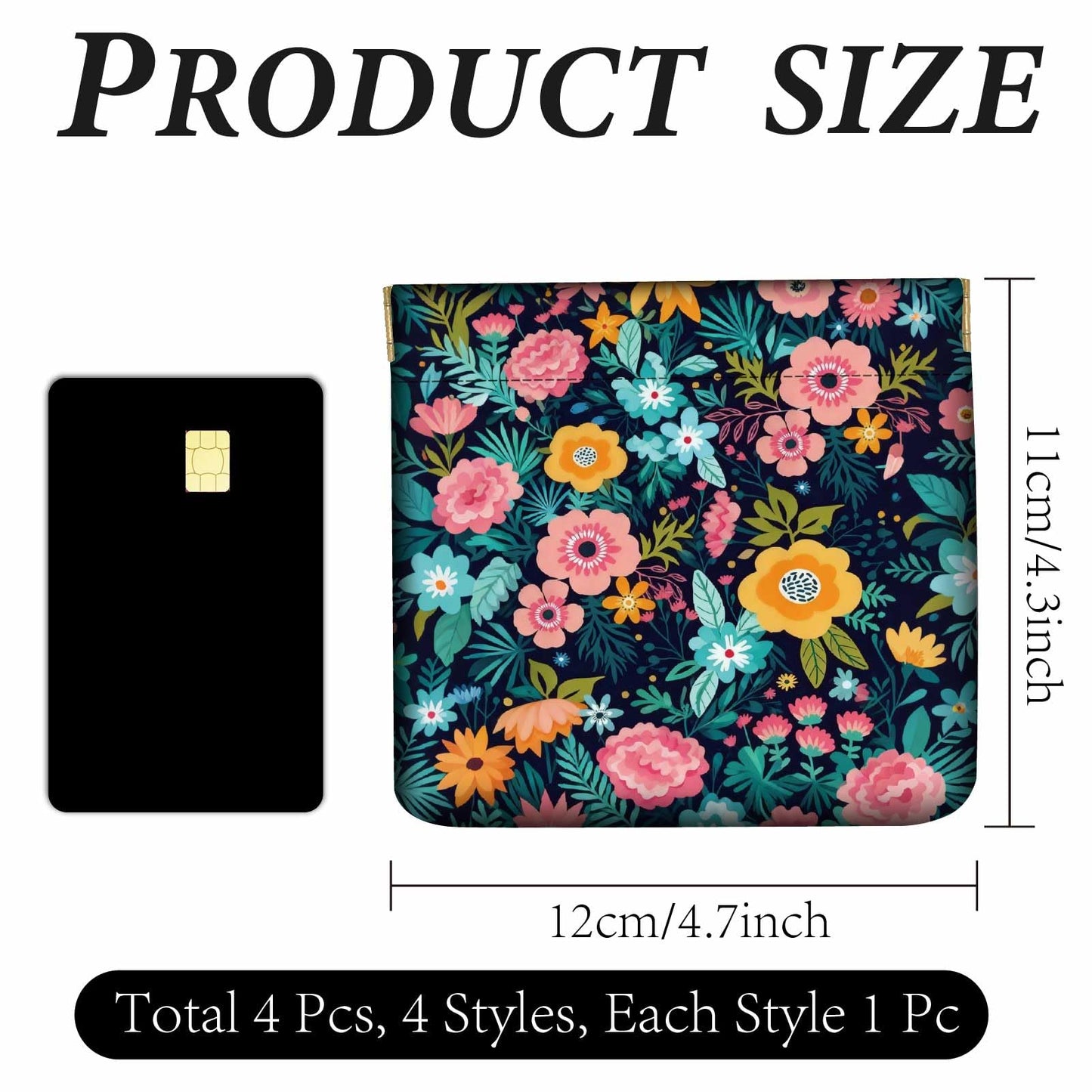 PRESSINART 4Pcs 4 Styles Flower Coin Pouch Leather Squeeze Coin Purse Wildflowers Pattern Print Small Wallet Waterproof Durable Mini Change Bag Ideal for Women Men Shopping Daily Use Birthday Gift