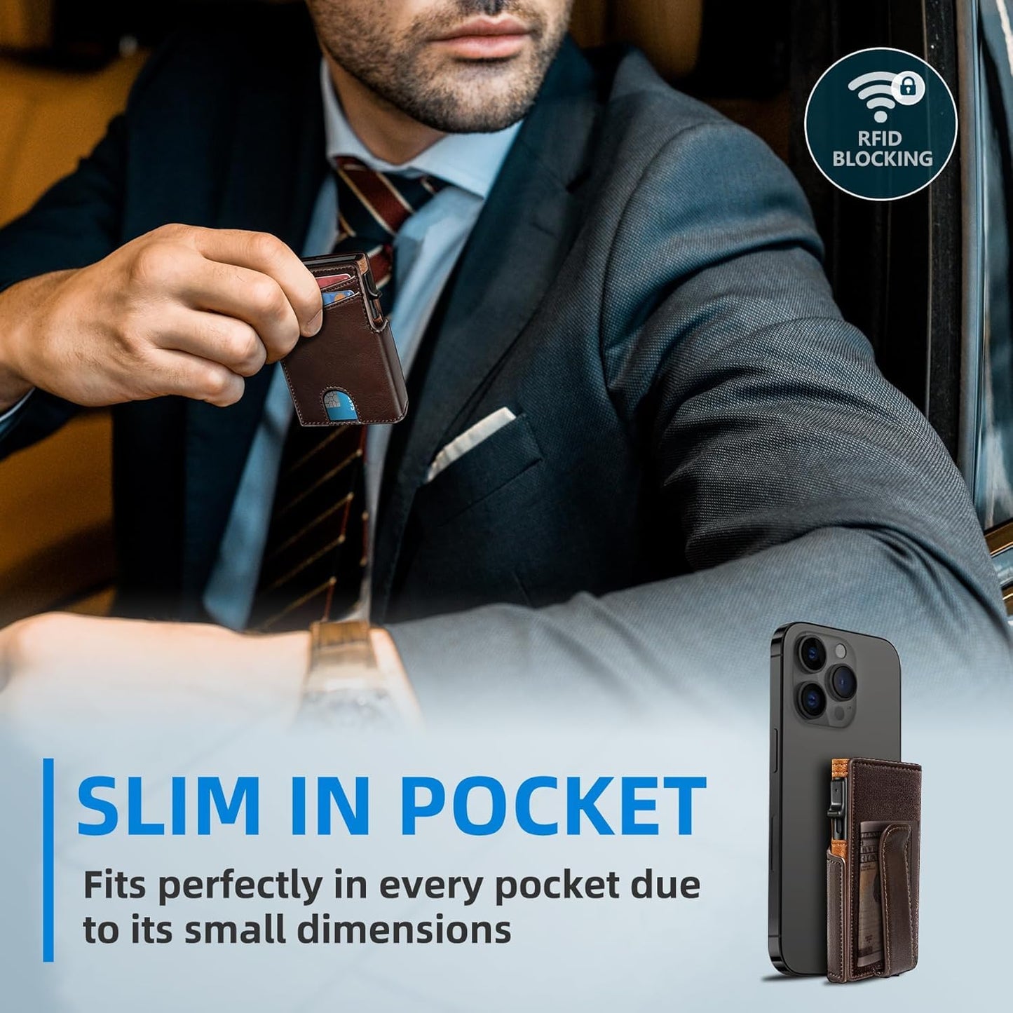 Plinvo Men's Slim Genuine Leather Wallet with Money Clip, Coin Pocket, RFID Blocking, ID Window (Burnt Umber)