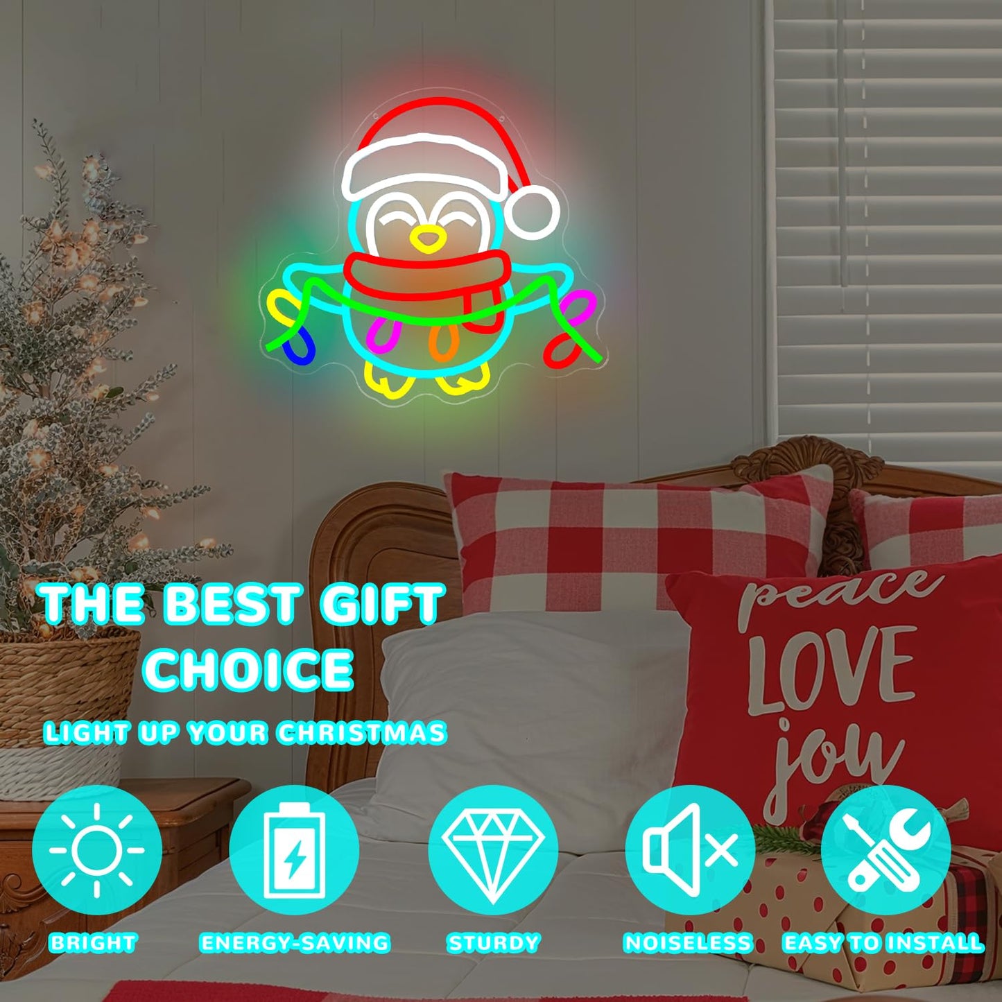 hhuohuona Christmas Penguin Neon Sign Dimmable Neon Christmas Signs Penguin With Lights Led Xmas Light Up Sign Winter Wall Art for Room Decor Penguins Lovers Gift