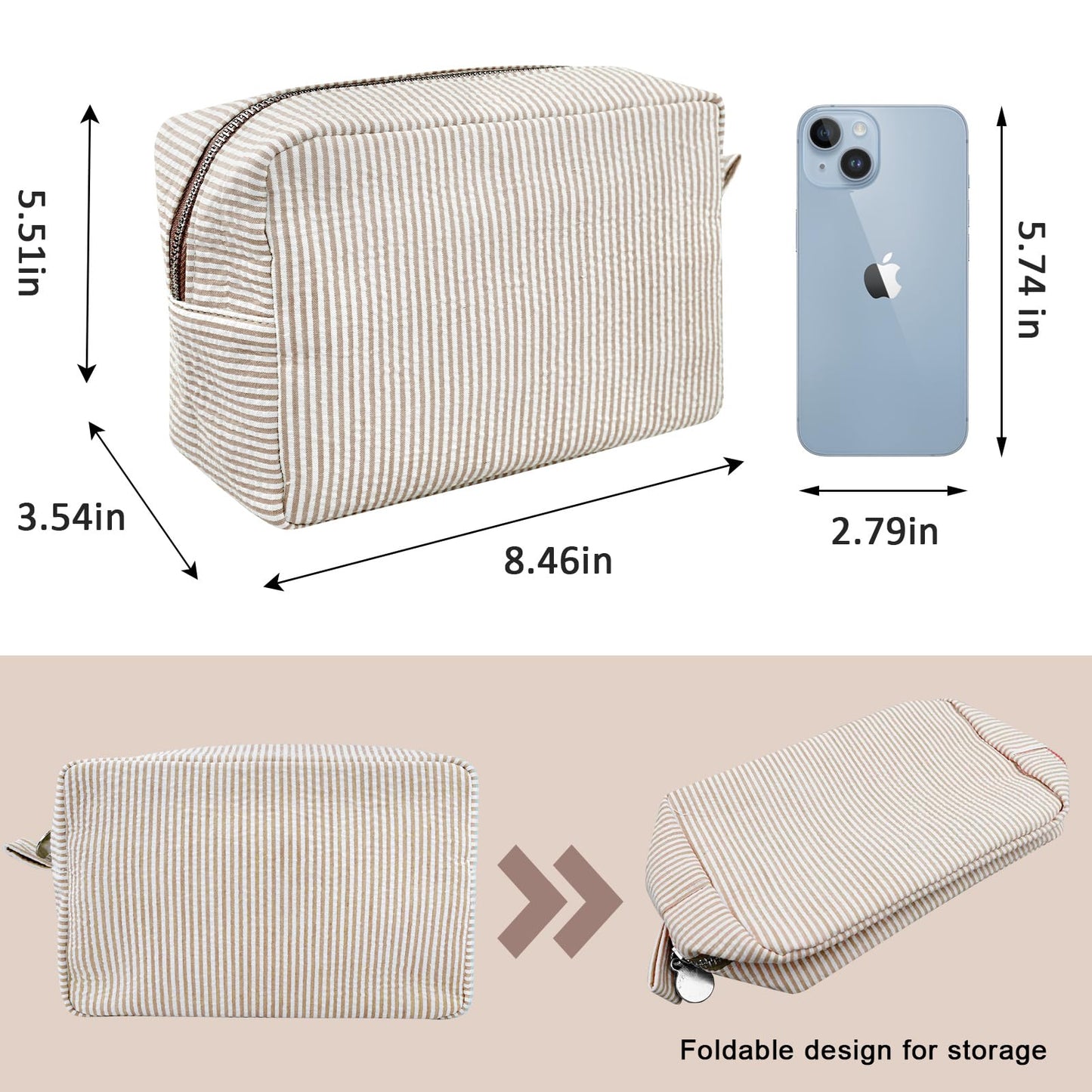 GFU Cosmetic Bags for Women, Seersucker Cosmetic Bag, Travel Toiletry Stripe Makeup Bag, Large Women Aesthetic Organizer Storage Pouch, Girls Handbags Purses, brown