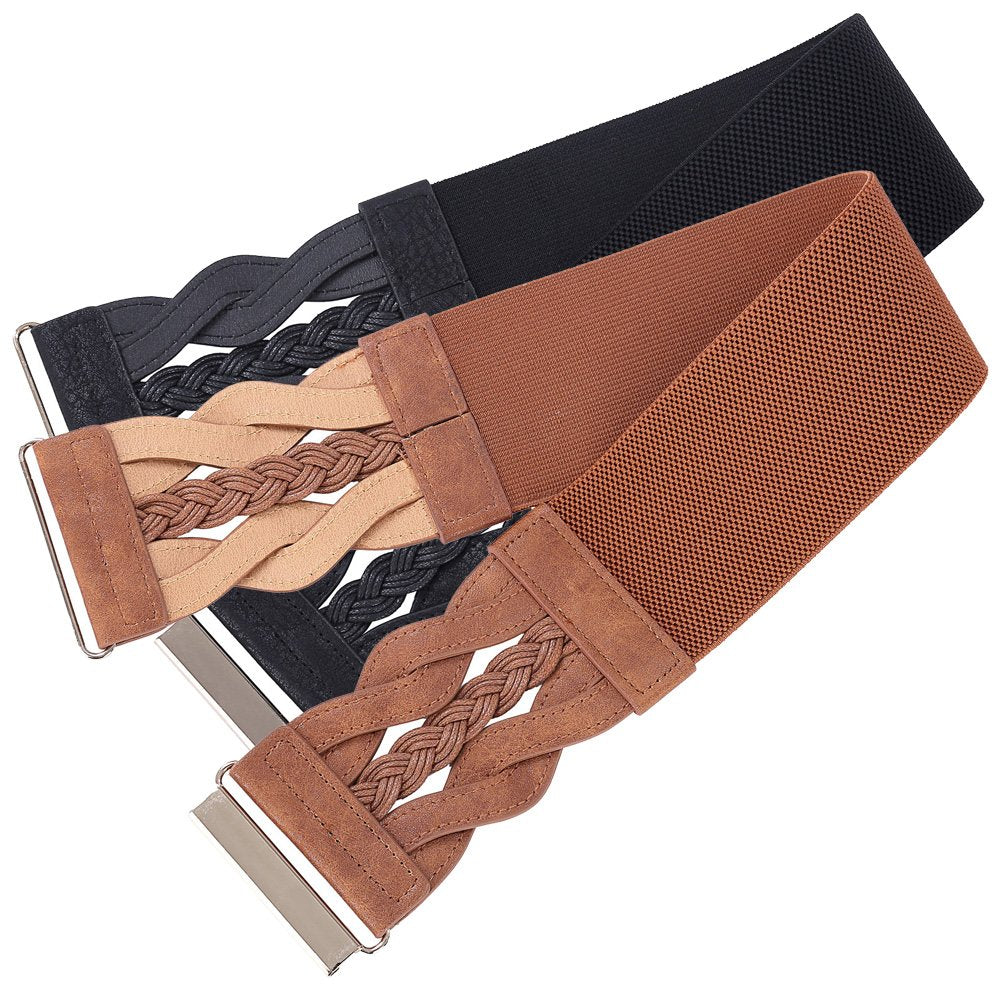 GRACE KARIN Womens Wide Elastic Belts PU Leather Waist Belts Vintage Fashion Woven Belt for Dresses Black Brown 2XL