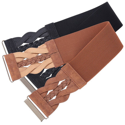 GRACE KARIN Womens Wide Elastic Belts PU Leather Waist Belts Vintage Fashion Woven Belt for Dresses Black Brown 2XL