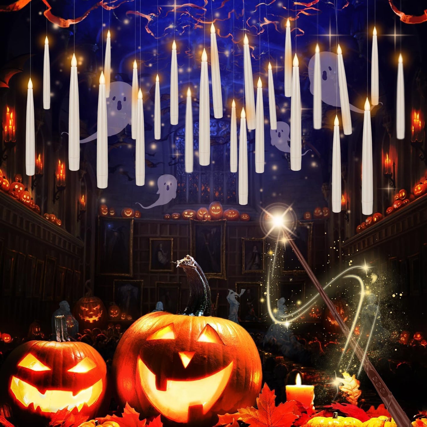 YOROXRG 24 Pcs Halloween LED Magic Hanging Floating Candles, Taper Flickering Flameless with 2 Magic Wands - Candle Set for Halloween, Christmas, Weddings, Birthdays & Fantasy Ambiance...