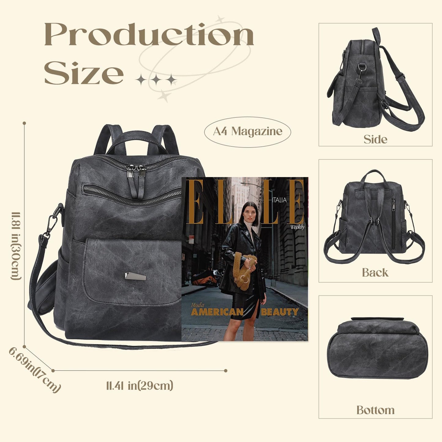 ROOSALANCE Backpack Purse for Women, Women Backpack Purse Small Leather Waterproof Anti-theft Shoulder Bags Handbags, Fashion Ladies Back pack for Daily Travel Work (Black Grey)