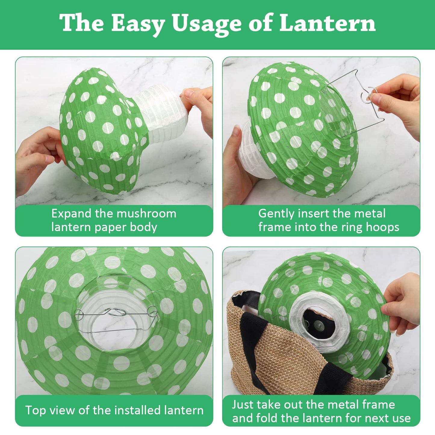 4Pcs Mushroom Shaped Paper Lanterns, Windspeed Large 8 and 12 Inch Lanterns for Nursery Garden Christmas Party Decoration (Green)