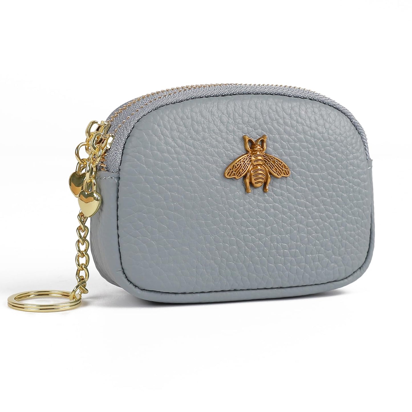imeetu Women Leather Coin Purse, Small 2 Zippered Change Pouch Wallet(Copper Bee, Light Blue)