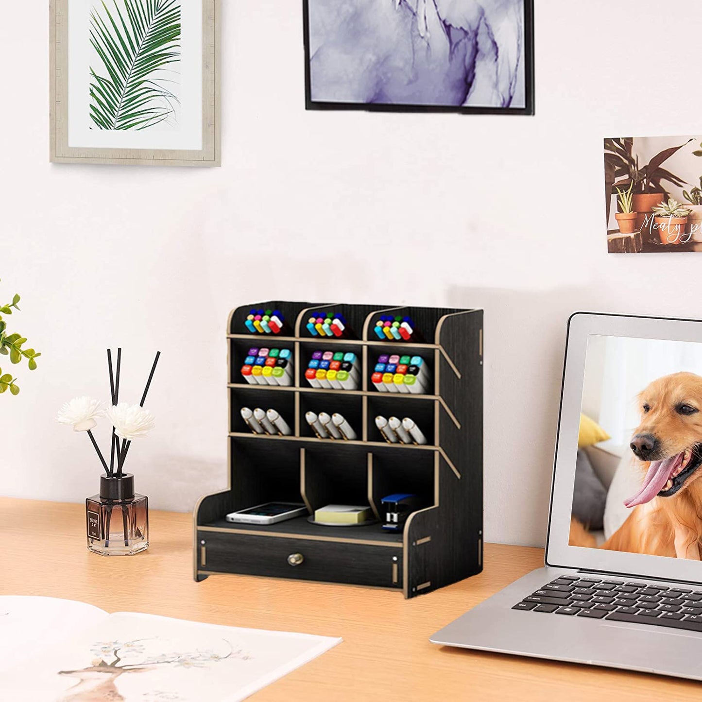 Marbrasse Wooden Desk Organizer, Multi-Functional DIY Pen Holder, Organizer for desk, Desktop Stationary, Easy Assembly, Home Office Art Supplies Storage with Drawer (B11-Black)