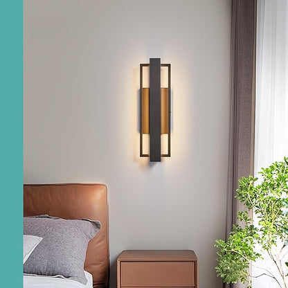 Double Square Frame Outdoor LED Wall Light, 15 Inch Textured Black Wall Sconce, Sleek Modern Light Fixture, Integrated LED 3000K 16W, Outside Lights for Patio, Porch, Front Door or Garage