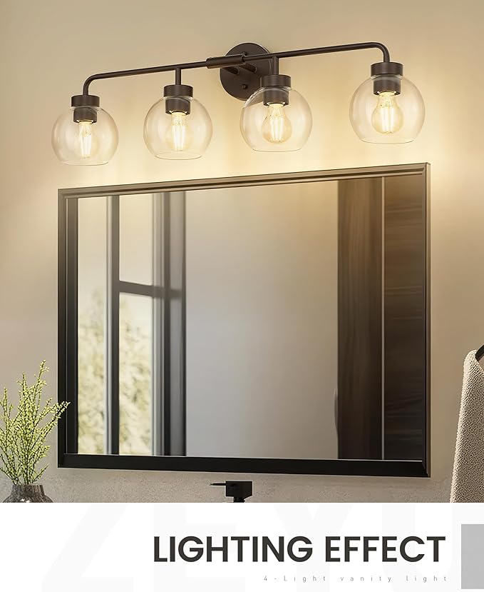 zeyu 32 Inch Oil Rubbed Bronze Vanity Light, 4-Light Bathroom Light Fixture, Vanity Lighting Fixtures with Clear Glass Globe Shade, ZS62BG-4W ORB