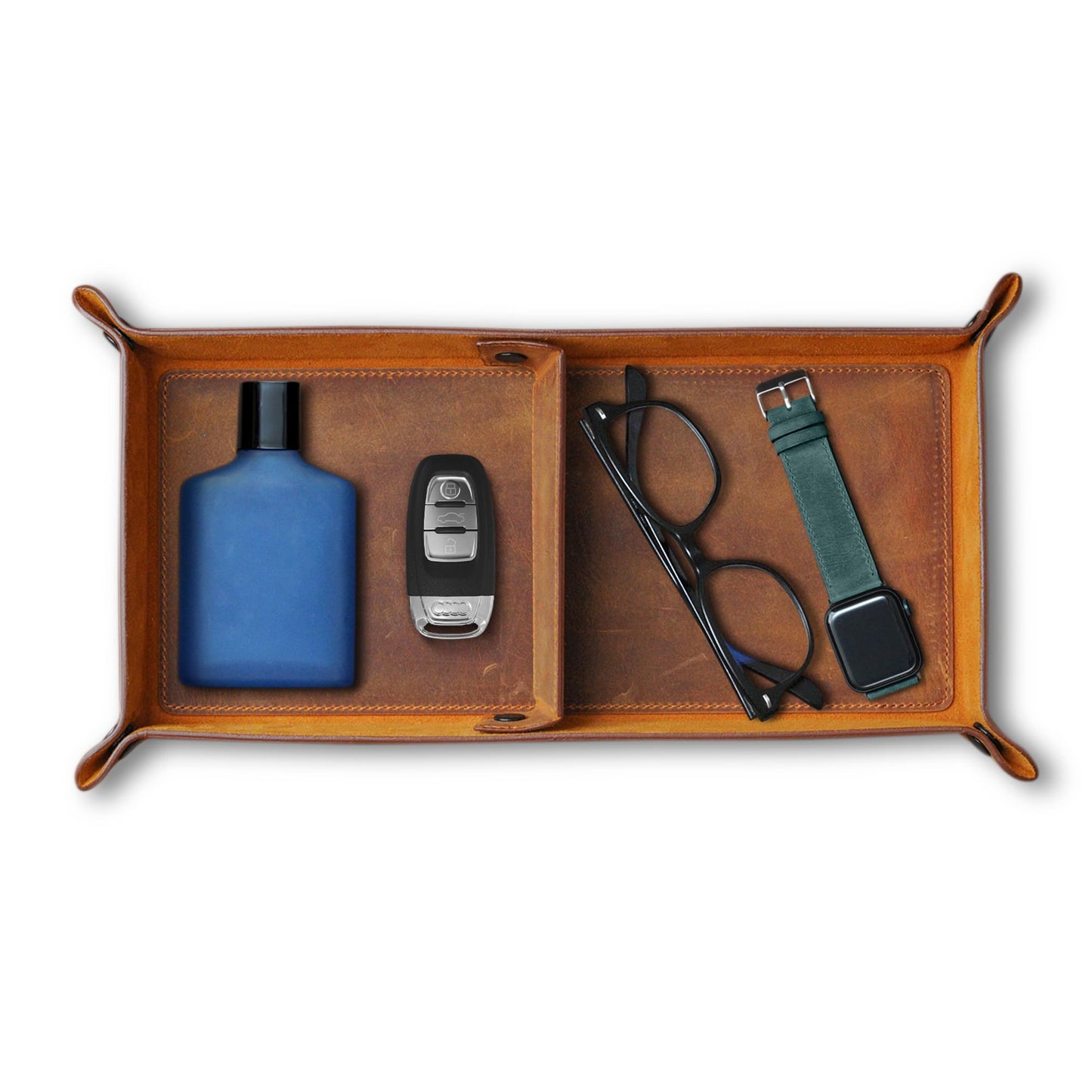 MayaCraft Handmade Leather Catch All Tray and Organizer for Keys, Phones, Jewels, Coins, Rectangular, Light Camel
