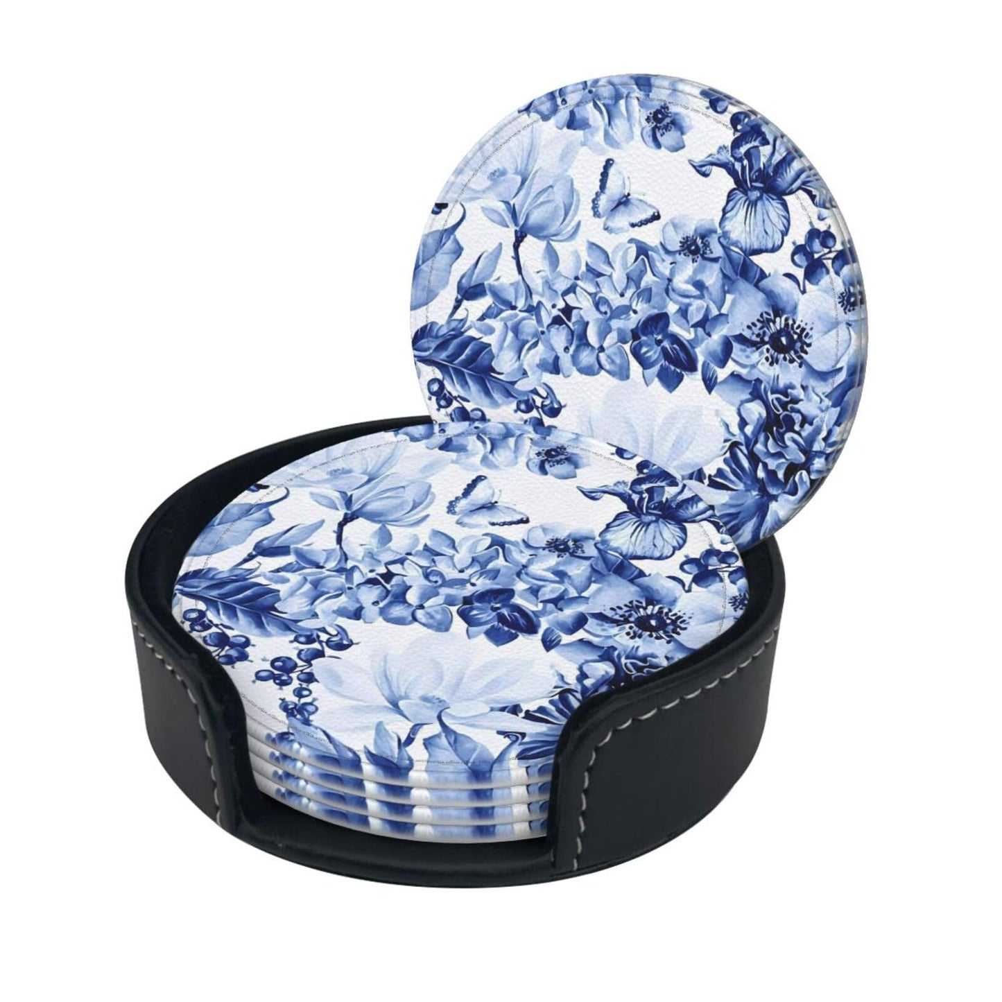 6 Pcs Blue and White Floral Leather Coasters for Drinks with Holder Coaster Sets Drink Table Cup Coasters for Living Room Kitchen Coffee Decor