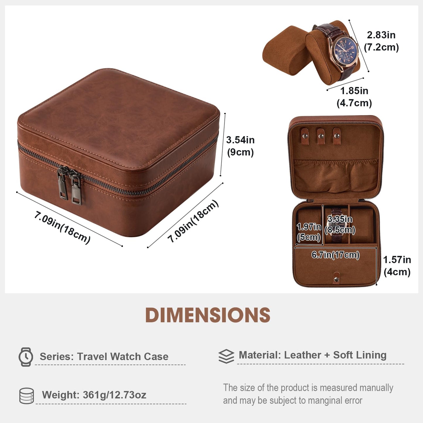 ProCase Travel Watch Case, 3 Slots PU Leather Mens Jewelry Box, Portable Watches Cufflinks Accessories Storage Case, Zippered Carrying Organizer Bag for Man -Lightbrown