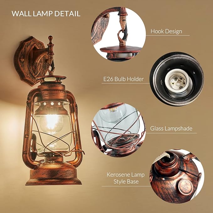 NOXARTE Rustic Wall Sconce Lighting Lantern Mounted Light with Glass Lampshade for Hallway Farmhouse Loft W7 x H15