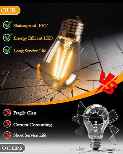 Outdoor String Lights,Super Bright LED - 2 Pack 48FT 15 S14 Bulbs(1 Spare), IP65 Waterproof, Commercial Grade & Shatterproof, Dimmable, UL Listed for Patio, Porch, Backyard, Gazebo