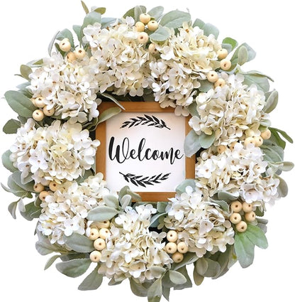 Year Round Wreaths for Front Door 22 Inch, Spring/Summer Wreath with Hydrangeas Lamb's Leaves Berries Welcome Board for Holiday Farmhouse Home Indoor Outdoor Wedding Party Wall Window Decor
