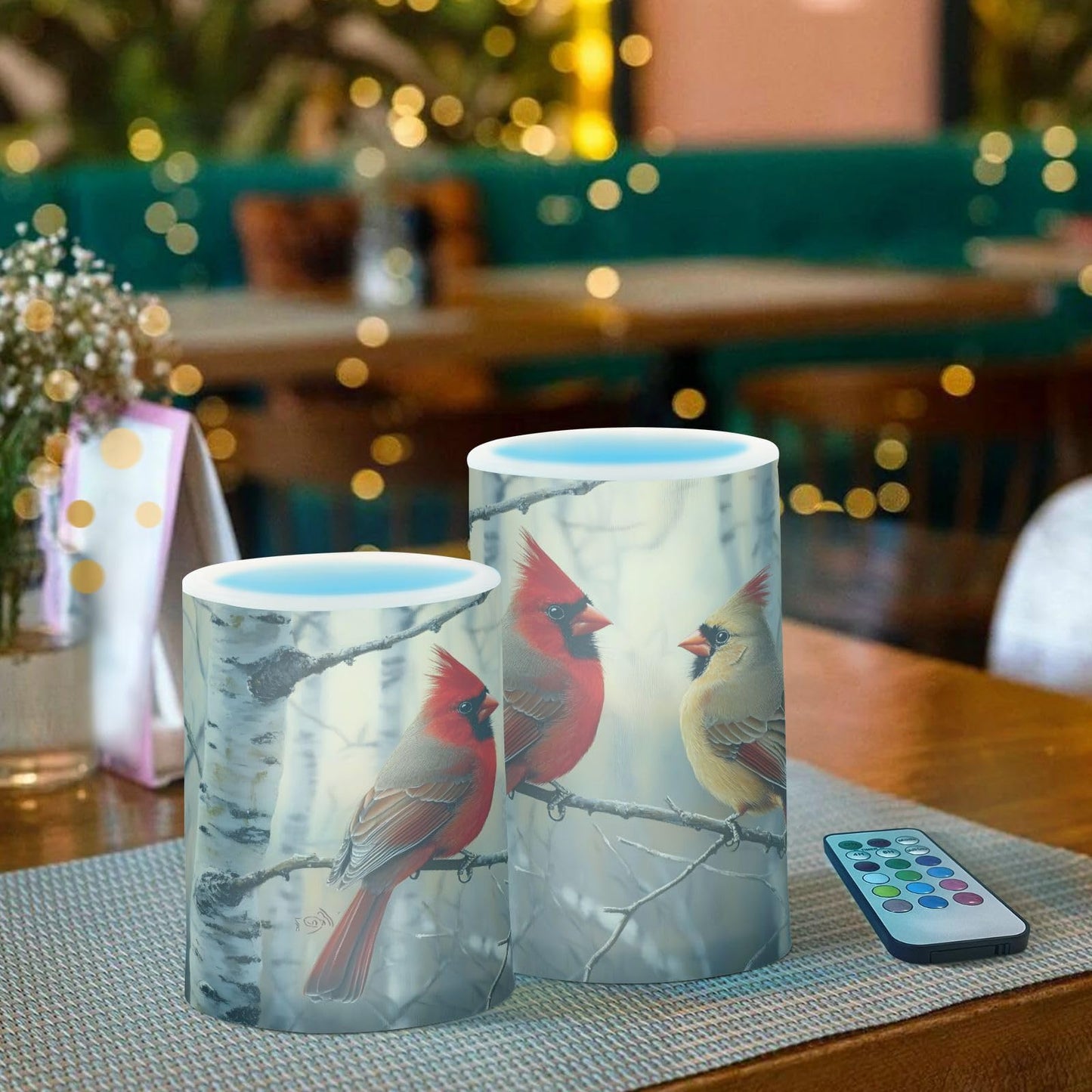 ALAZA Autumn Winter Red Birds on Birch Tree Flickering Flameless Candles Battery Operated with Remote Timer,Tea Light Candles LED Pillar Votive Candles Set of 2 for Outdoor Indoor Decorations